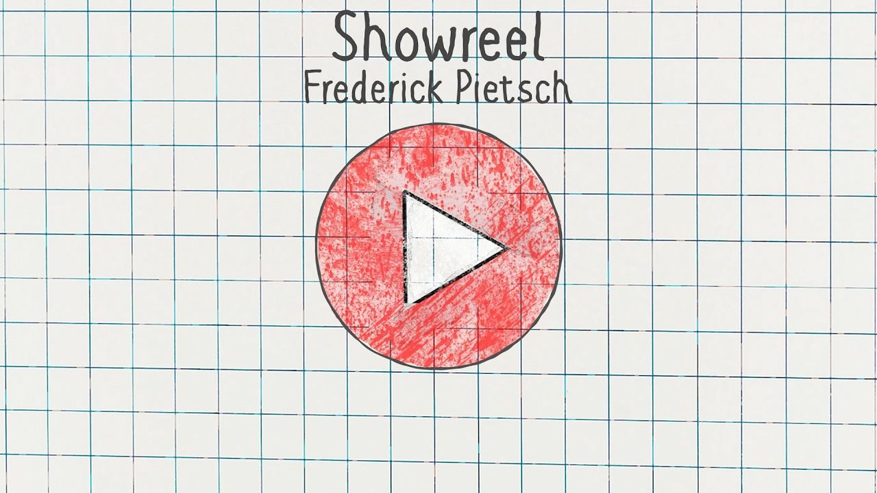 Startbild des Showreels: handgezeichneter roter Abspielknopf auf Karopapier, darüber der Schriftzug Showreel Frederick Pietsch